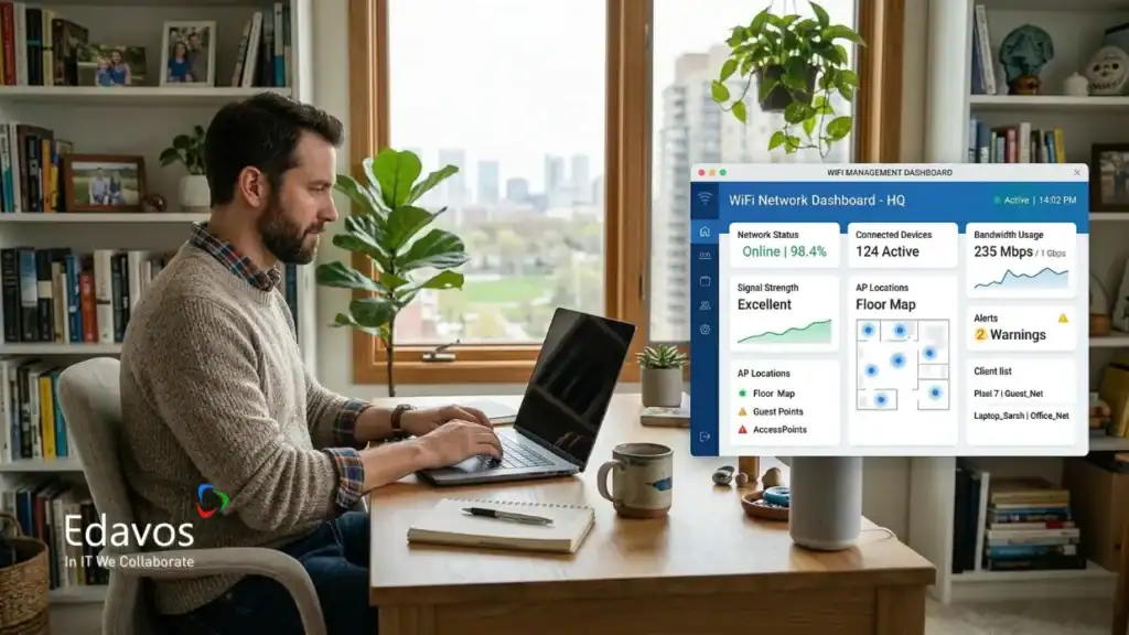 Pengguna mengelola jaringan Wi-Fi kantor melalui dashboard cloud dengan indikator koneksi dan kekuatan sinyal yang optimal.
