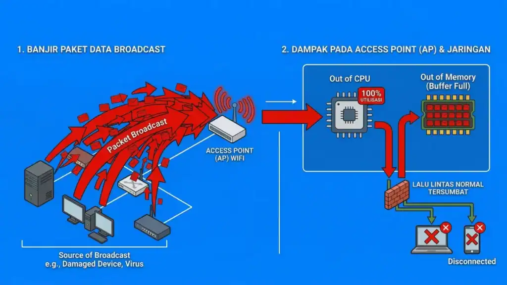 Ilustrasi masalah Wi-Fi kantor yang lambat meskipun internet cepat, menunjukkan faktor penyebab seperti overload dan jaringan yang tidak optimal.