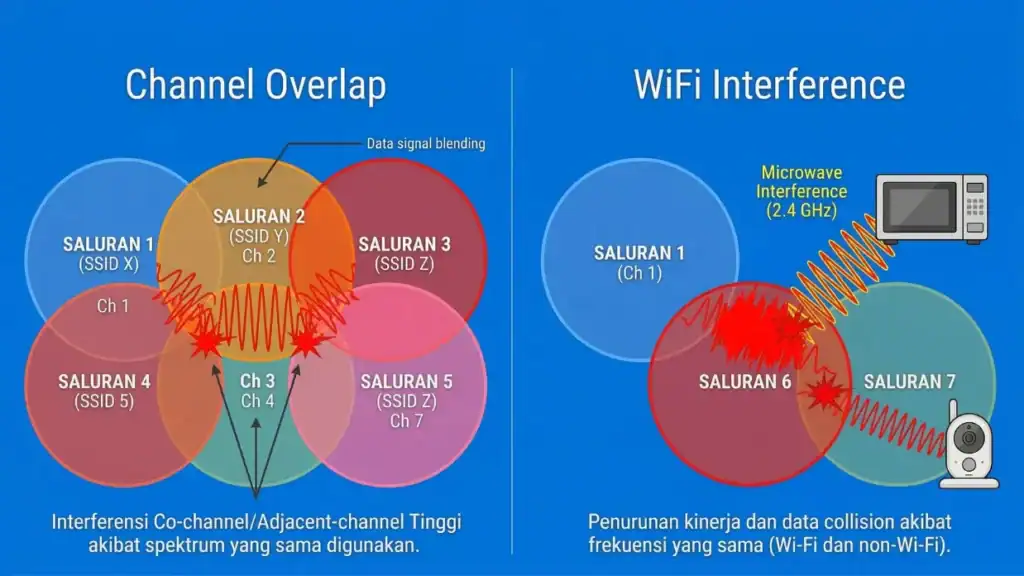 Diagram yang menunjukkan penyebab utama Wi-Fi kantor lemot, termasuk gangguan saluran, interferensi sinyal, dan kolisi data yang menghambat kecepatan internet.