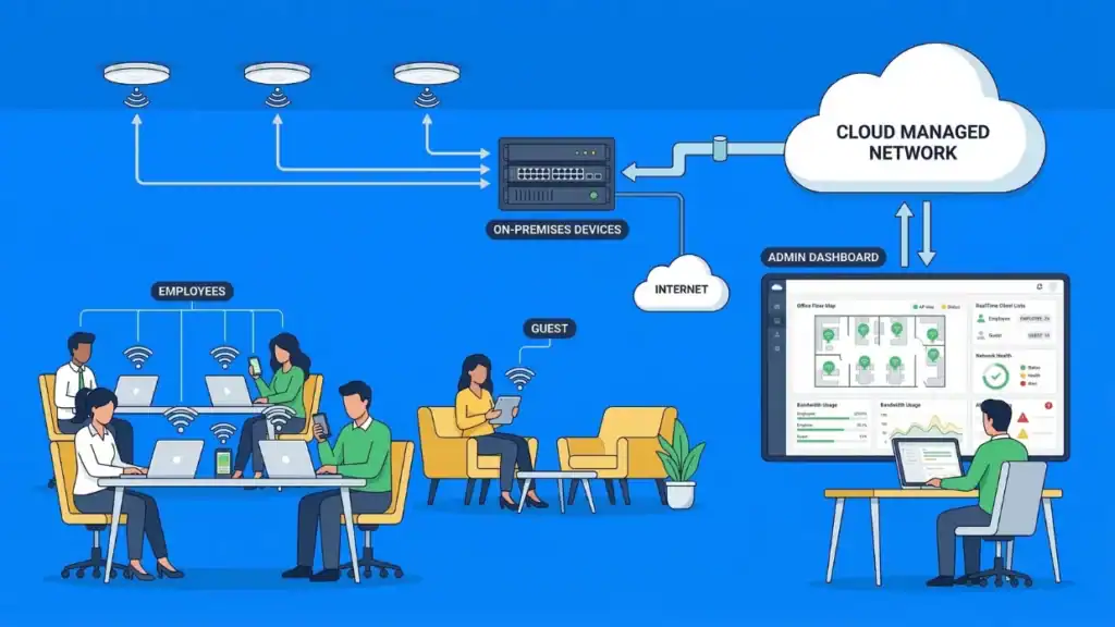 Ilustrasi jaringan Wi-Fi terkelola berbasis cloud untuk manajemen jaringan kantor terpadu, menampilkan perangkat, karyawan, dan dashboard admin.