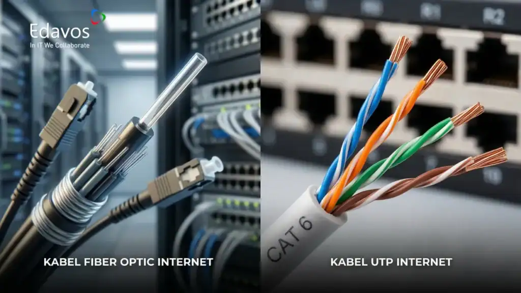 Kabel fiber optik dan kabel UTP internet yang digunakan untuk jaringan kantor bertingkat.