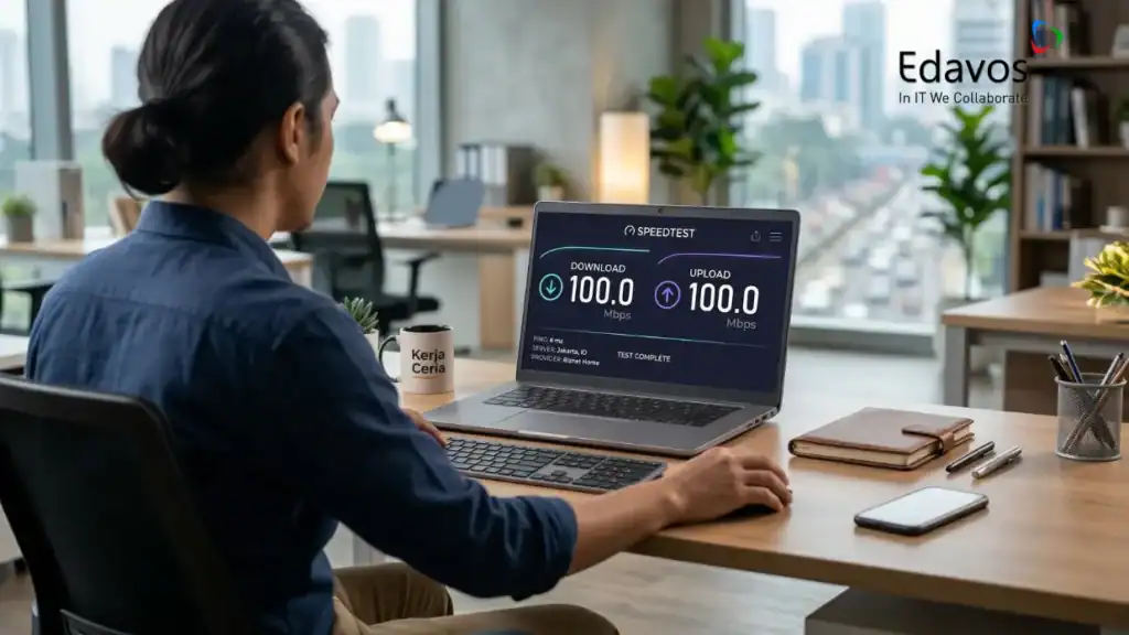 Wanita memantau kecepatan internet Wi-Fi kantor di laptop dengan hasil 100 Mbps download dan upload, menunjukkan koneksi stabil dan cepat untuk pekerjaan.