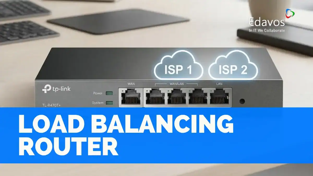 Gambar router load balancing dengan dua koneksi ISP, menunjukkan solusi jaringan kantor yang andal dan stabil untuk meningkatkan kinerja dan konektivitas internet.