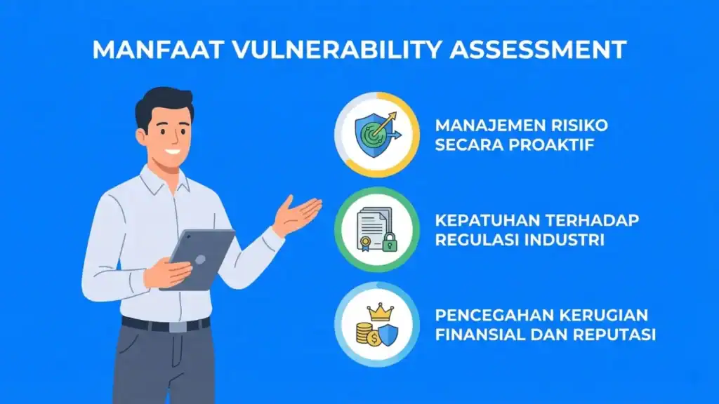 Ilustrasi profesional keamanan TI melakukan penilaian kerentanan untuk meningkatkan keamanan sistem enterprise.
