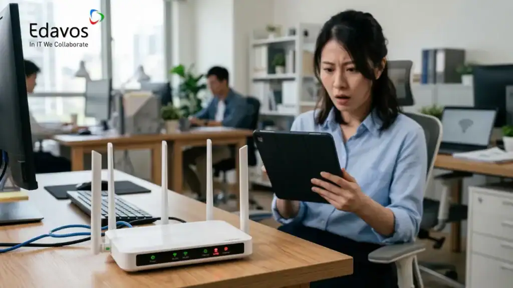 Wanita memeriksa sinyal Wi-Fi menggunakan tablet di kantor, menunjukkan proses perbaikan jaringan Wi-Fi.
