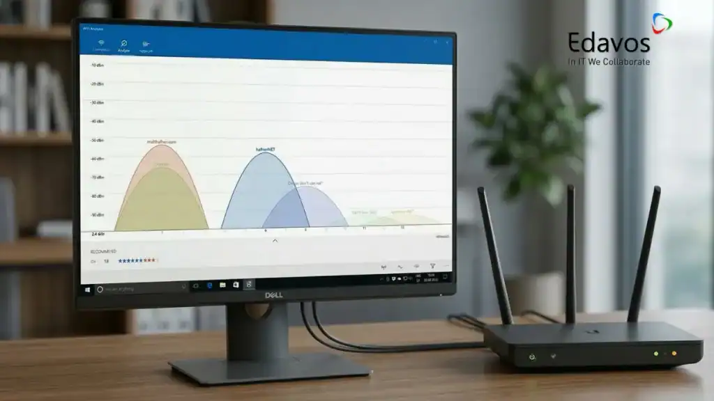 Analisis sinyal Wi-Fi menggunakan Wi-Fi Analyzer untuk mengidentifikasi gangguan dan kekuatan sinyal. Penting untuk menentukan apakah perlu assessment lebih lanjut agar koneksi optimal.