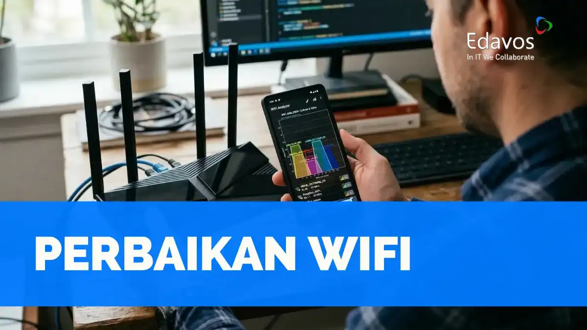 Teknisi memeriksa sinyal Wi-Fi menggunakan perangkat mobile untuk mengidentifikasi masalah jaringan dan meningkatkan performa koneksi internet di kantor.