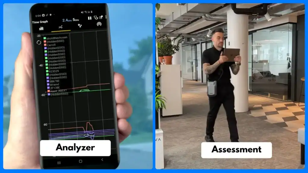 Penggunaan Wi-Fi Analyzer dan assessment untuk memperbaiki koneksi Wi-Fi di kantor modern.
