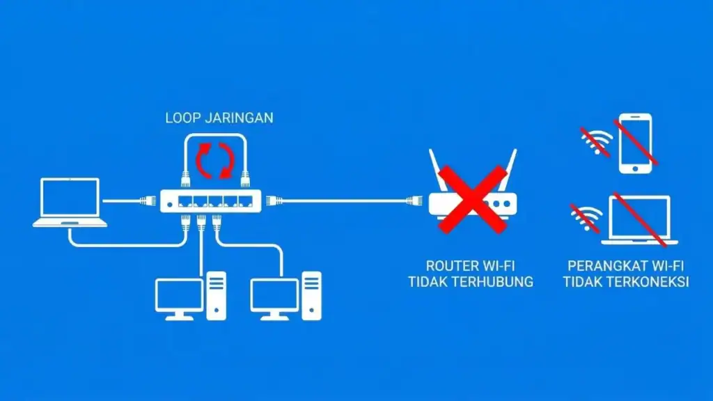 Diagram jaringan Wi-Fi kantor menunjukkan masalah router tidak terhubung dan perangkat Wi-Fi tidak terkoneksi, menyebabkan kecepatan internet lambat.
