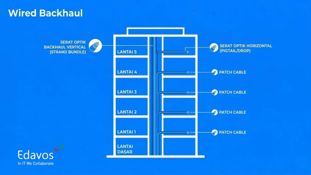 Diagram jaringan kabel bertingkat untuk kantor, menunjukkan backhaul kabel vertikal dan patch cable di setiap lantai, cocok untuk desain jaringan kantor bertingkat.