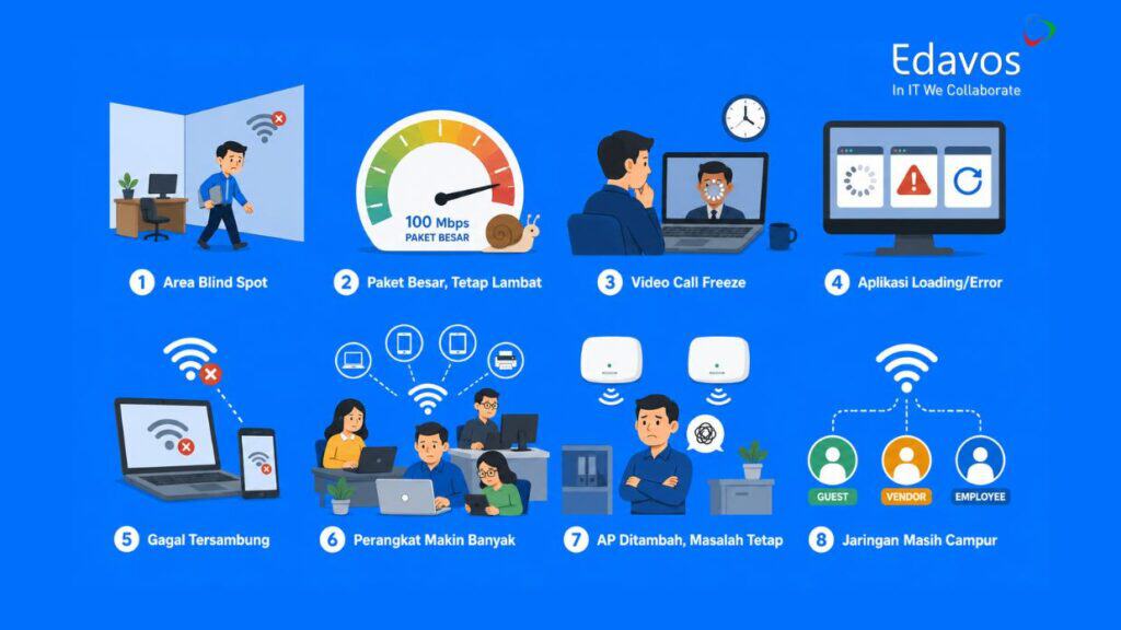 Ilustrasi koneksi internet stabil dan keamanan data di kantor dengan teknologi terbaru, termasuk video call, jaringan aman, dan perangkat canggih.