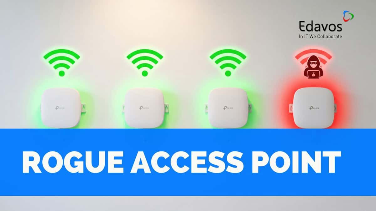 Perangkat Akses Wi Fi Rogue dengan indikator hijau dan merah, menunjukkan status keamanan jaringan, disusun di atas latar belakang biru dengan logo Edavos dan slogan "In IT We Collaborate".